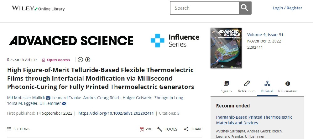 《Advanced Science》：通過毫秒光子燒結界面改性制備高品質因數碲化物基柔性熱電薄膜，用于全印刷熱電發(fā)電機（IF=15.17）